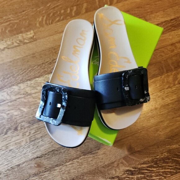 Sam Edelman Black Sandal Slide Ariane Marble Buckle Leather Platform Size 6.5 - Picture 8 of 16